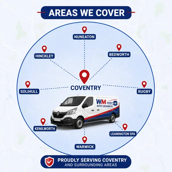 WM Auto Locksmith coverage map showing Coventry and surrounding towns served by our mobile auto locksmith service.