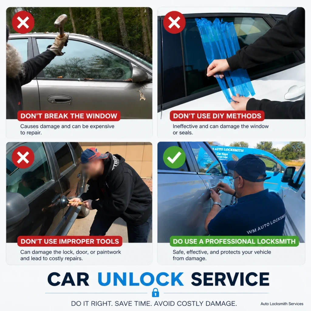 Comparison showing unsafe DIY car unlocking methods versus professional non-destructive vehicle entry by a mobile auto locksmith.